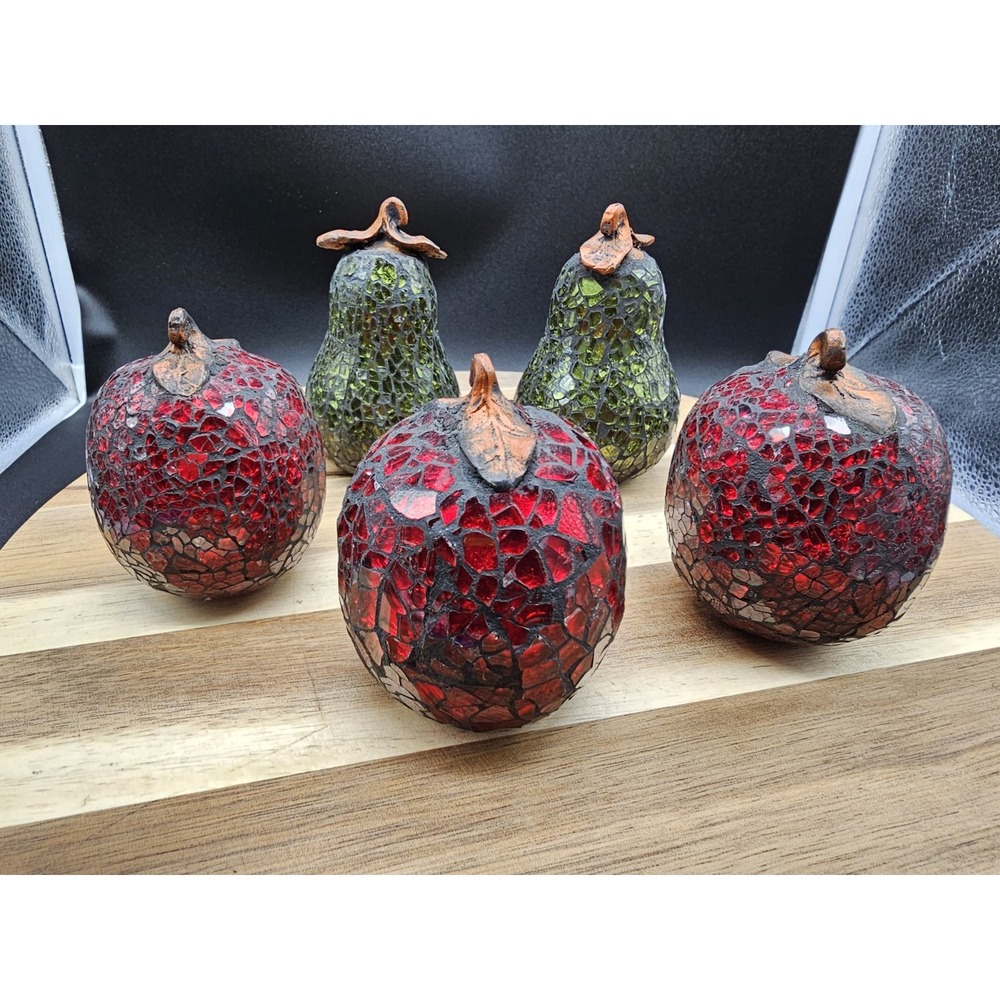 Set Of 5 Crackle Glass Fruit‎ Apple And Pear